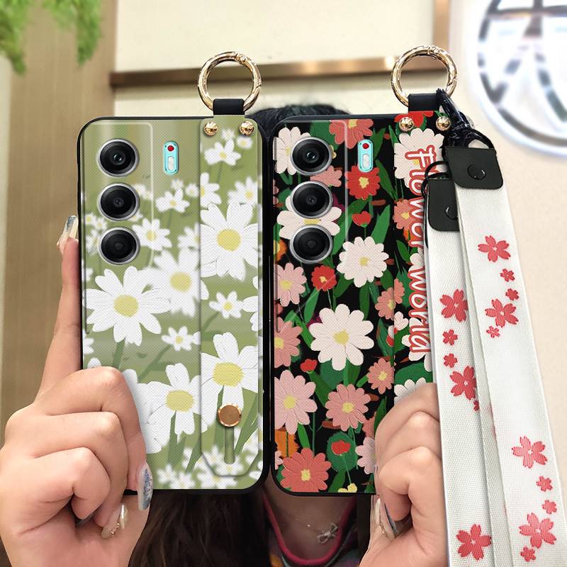 Durable Lanyard Phone Case For Tecno Camon40 Pro 4G/5G/CM6/CM7 Waterproof Back Cover Oil Painting Ring Silicone Flower