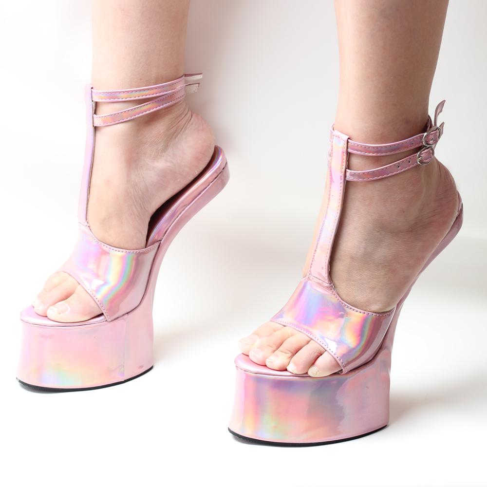 Fashion FHC 18CM Damen Holografische Plateau-Sandalen Herren Fetisch Cosplay Sommerschuhe, Peep Toe, Knöchelriemen mit Schnalle, Pink, Sonderfarben