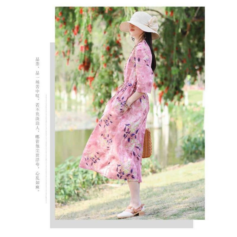 Übergröße V-Ausschnitt Langes Kleid Ethnischer Druck Schlitzärmel Lockere Taille Bindekleider