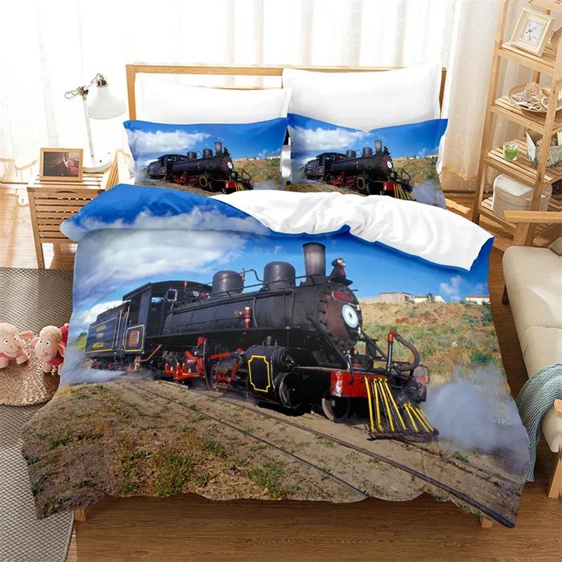 Funda Nórdica Tamaño Completo Trenes para Niños Juego de Cama de Locomotora de Vapor Microfibra 3D Vehículos Ferroviarios Cubierta de Edredón para Decoración de Habitación de Niños Adolescentes