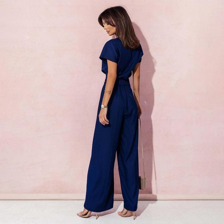 Polka Dot Wide Leg Jumpsuit Sexy Slim Waist Short Sleeve Dolman Neck Solid Color Trousers