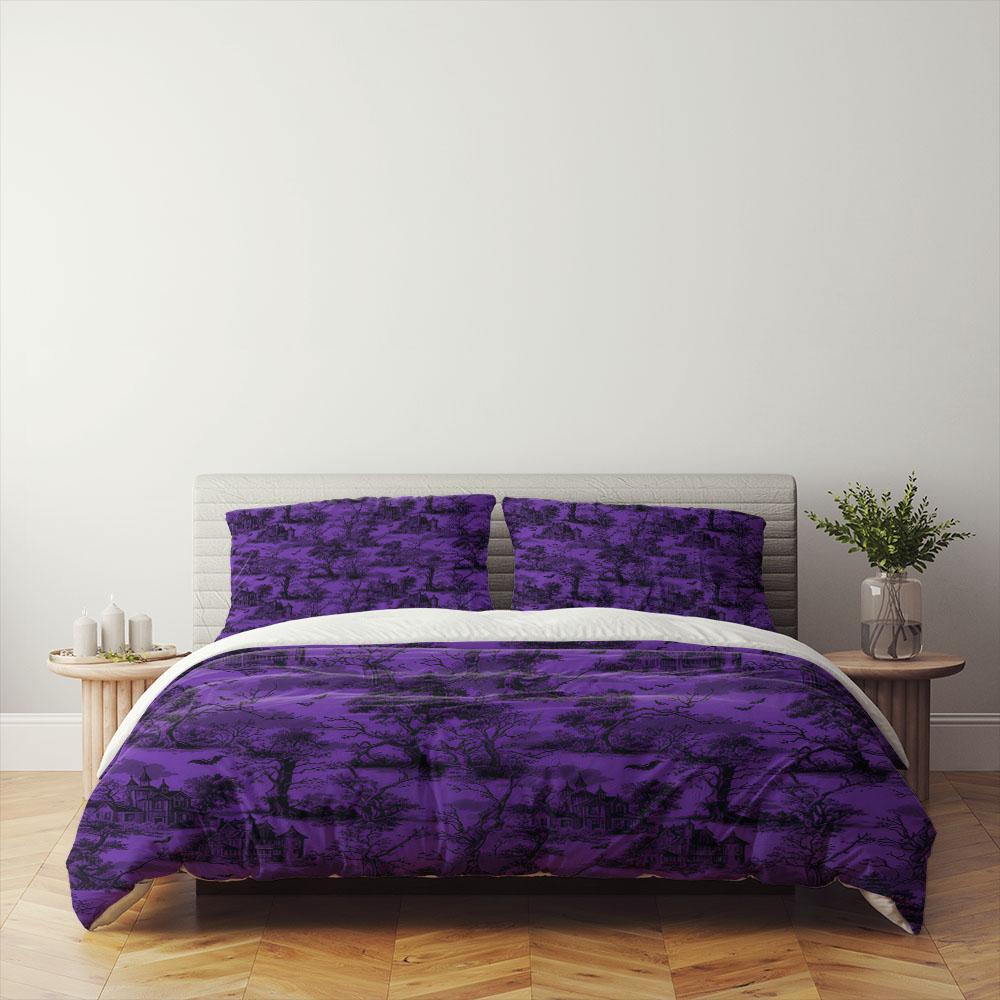 Ensemble de housse de couette à motif gothique Haunted Mansion, Violet et Noir, Lit Simple Double Queen King 140x210cm white