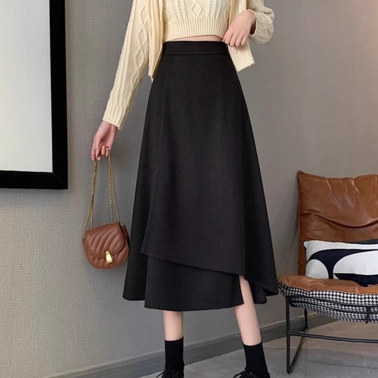 Women's Black A-Line Skirt: High Waist, Irregular Hem, Hip-Covering, Large Swing, Medium to Long Length, Korean Style, Plus Size.