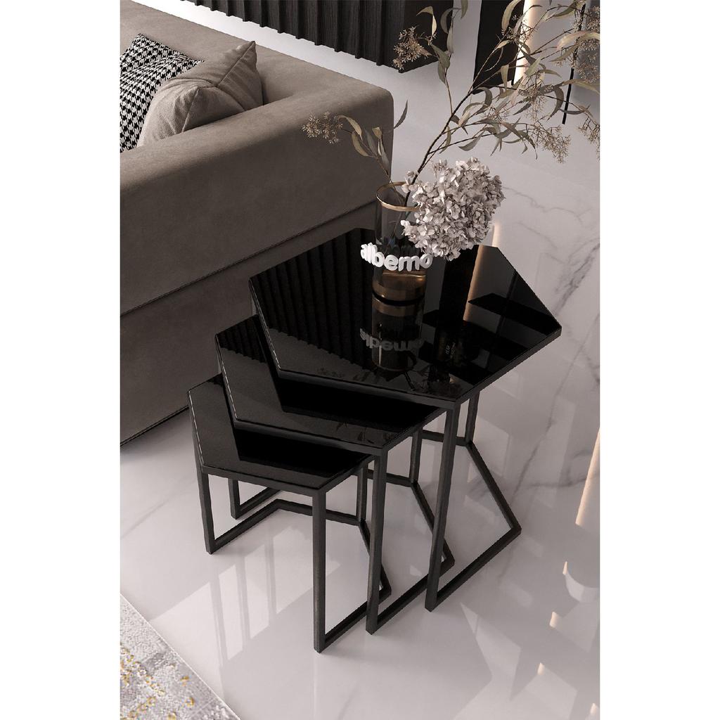 Master Hexagon Black Metal Black Glass 3-piece Nesting Table