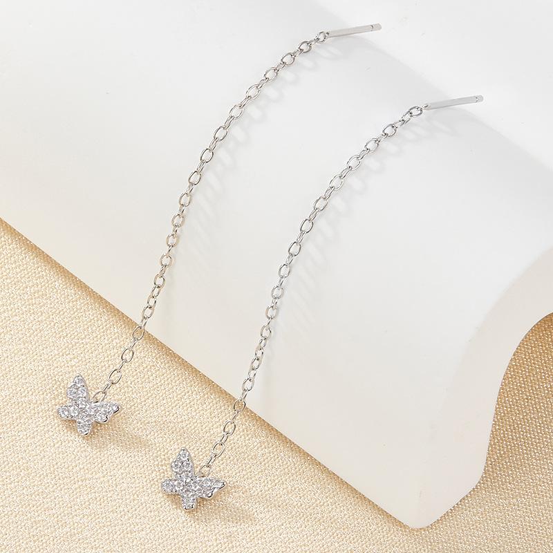 Dropshipping 925 Sterling Silver Butterfly Shaped Long Tassel Chain Small Zircon Stud Earring Jewelry for Women