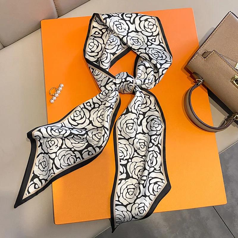 Mode Blauer Druck Seidenschal Damen Weicher Satin Pferdehaarband Schräges Halstuch Büro Hijab Stirnband Foulard Taschenbänder Geschenk