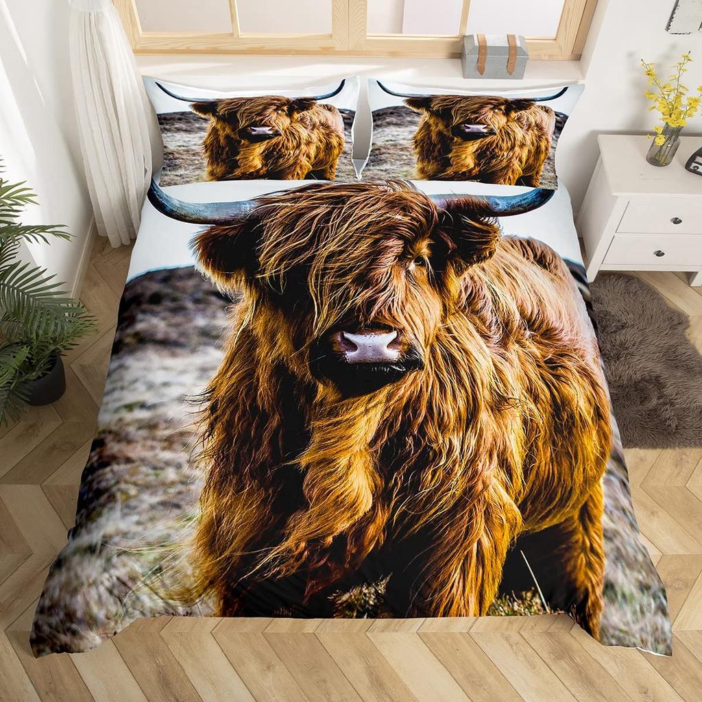 Highland Cow King Queen Duvet Cover Bull Bedding Set For Adults Cattle 2/3pcs Quilt Cover Farm Animal Polyester Comforter Cover