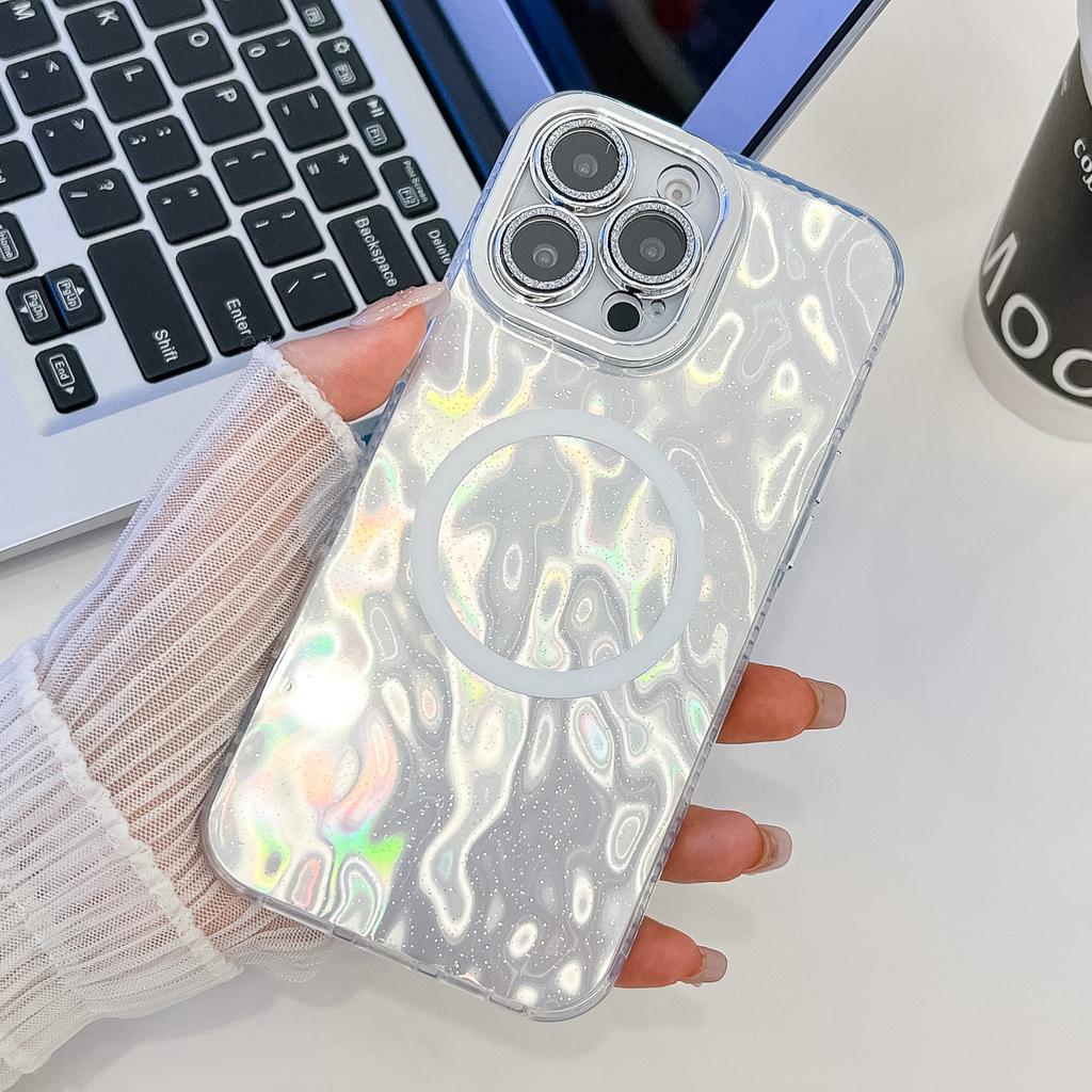 Folded Pattern Is Suitable for iPhone16promax Magnetic Mobile Phone Case, Tinfoil Pattern, Apple 15 Glitter Lens Film.