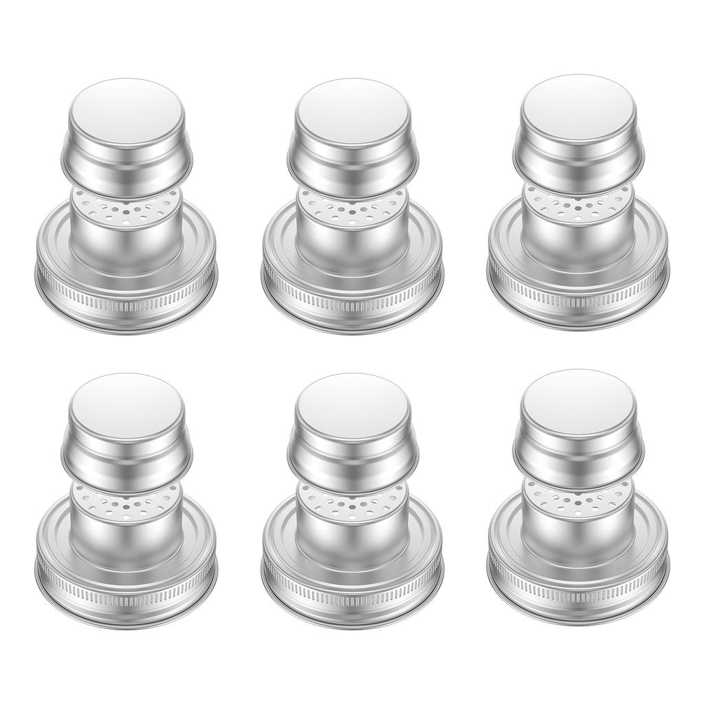 6Pcs Mason Jar Shaker Lids Caps Stainless Steel Shaker Cap with Sealing Silicone Gasket Glass Jar Shaker Lid for Spices Cocktail