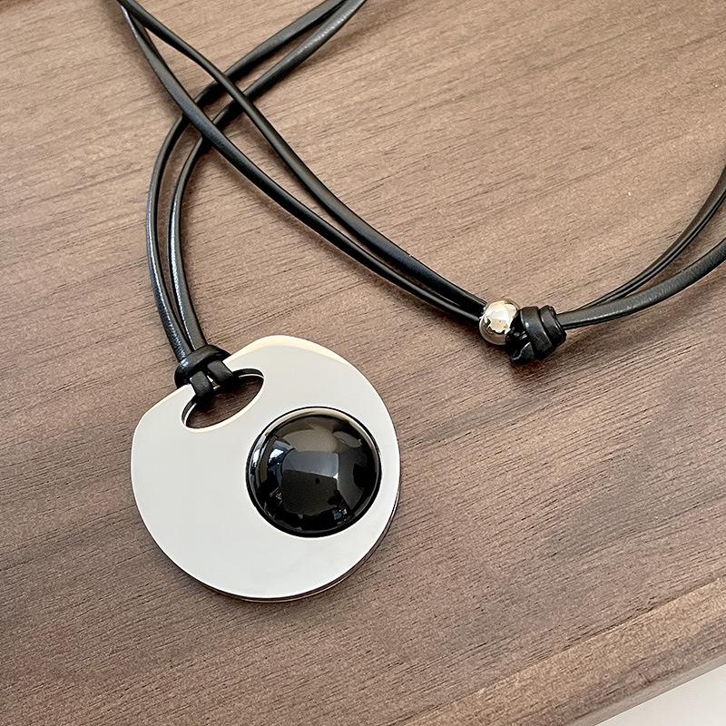 Niche Design Leather Rope Sweater Chain Long Titanium Steel Texture Disc Necklace Tide