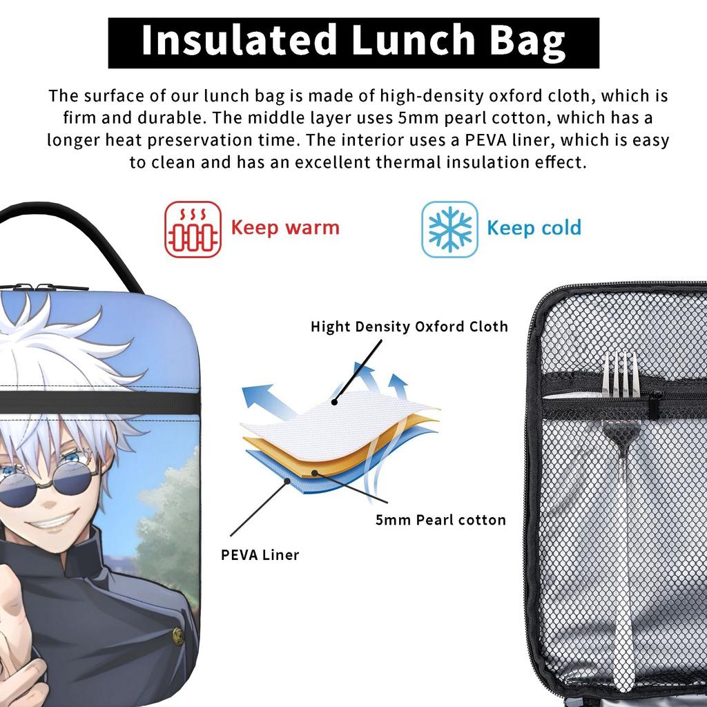 Gojo Satoru Bolsa de Almuerzo Térmica Bolsa Refrigeradora Reutilizable, Contenedor de Almuerzo Anime Jujutsu Kaisen Bolsa Tote de Gran Capacidad Bolsa para Comida