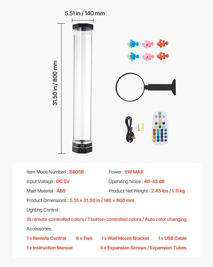 Blasensäulenlampe 16 Farben 80 cm Sensorisches Aquariumlicht zur Entspannung Beruhigend