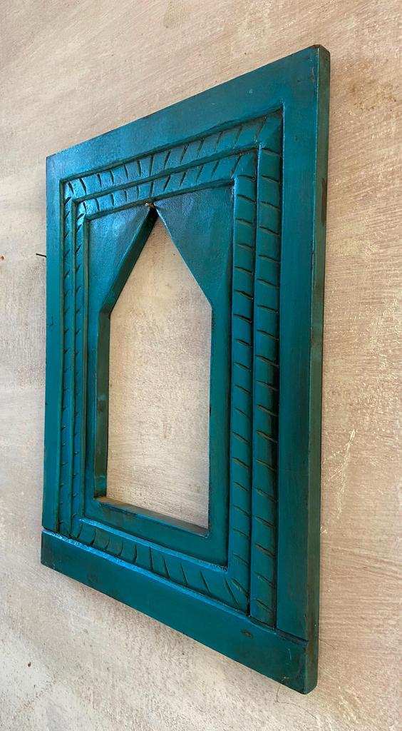 Blue Painted Wood Wall Frame: Carved Floral Indian Art Decor