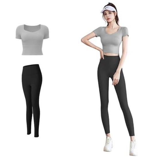 Karsaer Yoga Wear Set Women Pilates Short Sleeve Slim Fit High Waist Pants Tights Tummy Control Stylish Breathable Stretchable Moisture-Wicking Cups