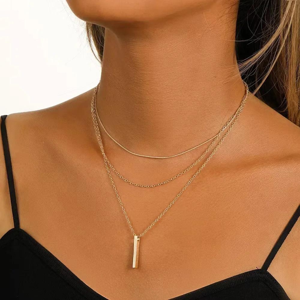 925 Silver Three-Layer Stacking Necklace Women Simple Strip Pendant Waterproof Hypoallergenic Collarbone Chain Jewelry