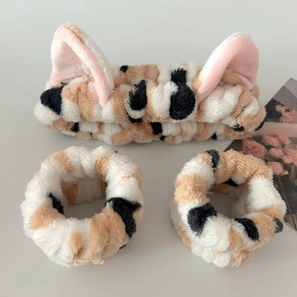 3pcs/set Leopard Print Cute Cat Ear Plush Headband Elastic Wrist Strap  For Women Girls