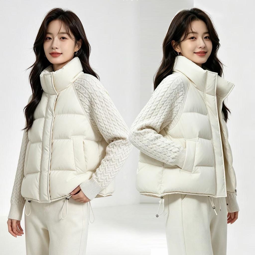Winter new twist knitted sleeves splicing cotton clothes women's stand-up collar short small thickened warm jacket