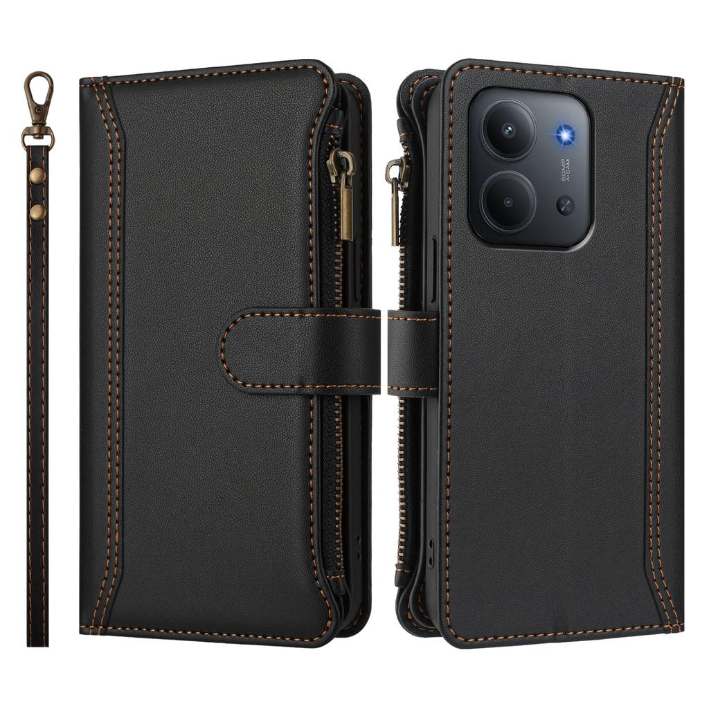 Pro Xiaomi Redmi 15C 5G (EU) (173 mm)/15C 4G (EU) (173 mm) Kožené pouzdro 9 přihrádek na karty Peněženka na zip Stojánek Kryt na telefon s poutkem na zápěstí