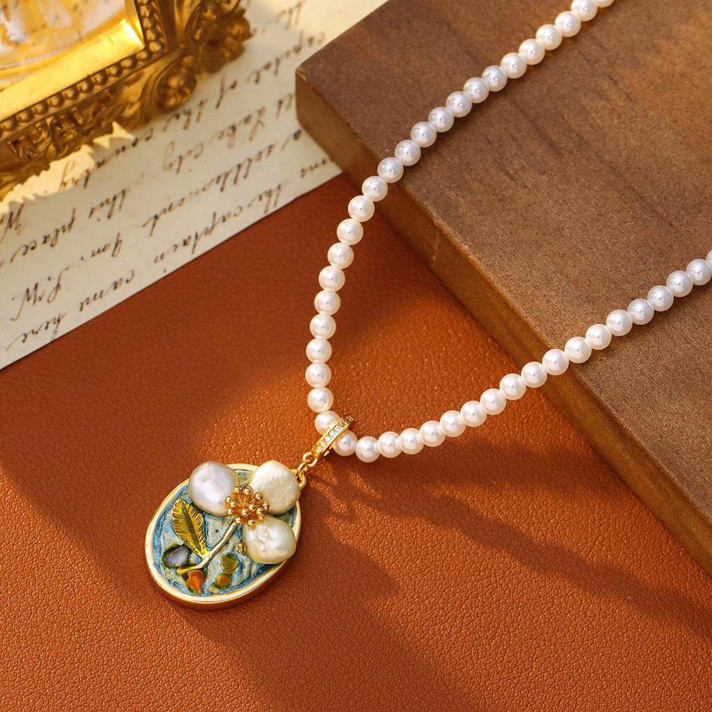 Oil painting style Baroque pendant necklace Women's Monet Garden New Chinese style
