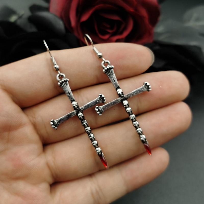Gothic Statement  Red Bloody Cross nail Dark Punk Ancient Silver Skull Coffin Cross Earrings Alt Accessories for Women