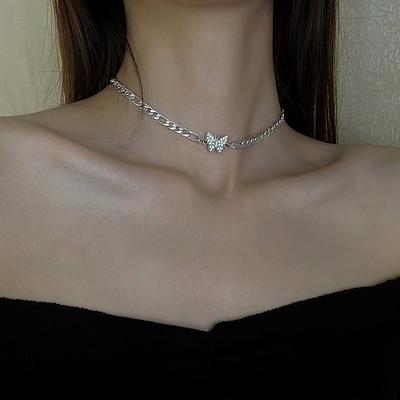 Fashion Trendy Brand Hip-Hop Rhinestone Butterfly Necklace Female Same Niche Design Simple Neck Jewelry