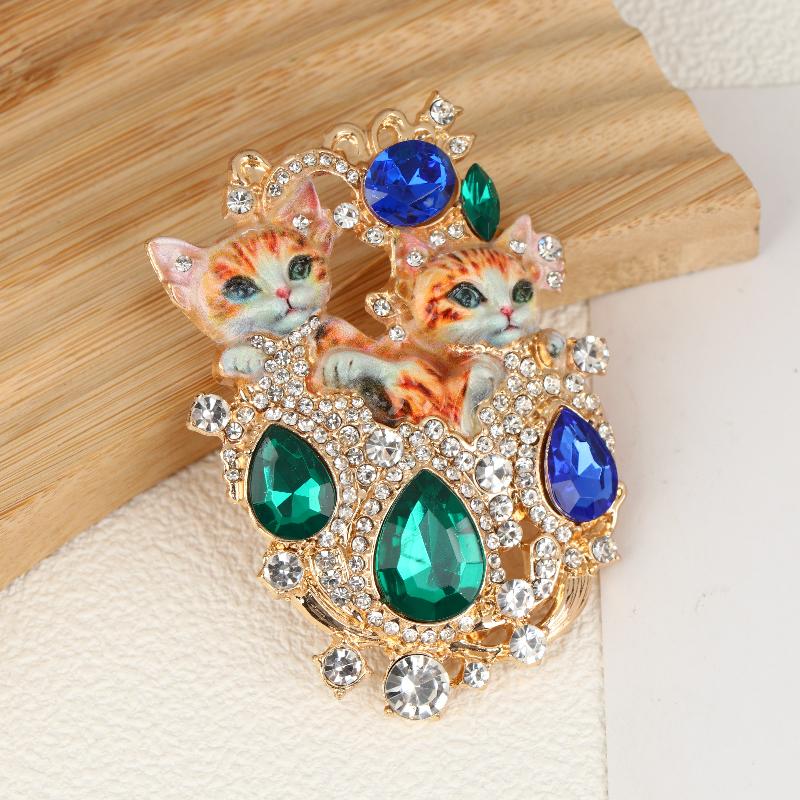 

Vintage Baroque Jewelry Brooch Set With Double Cat Design Women Elegant Rhinestone Embellishments Perfect Daily Wear Or Gifting