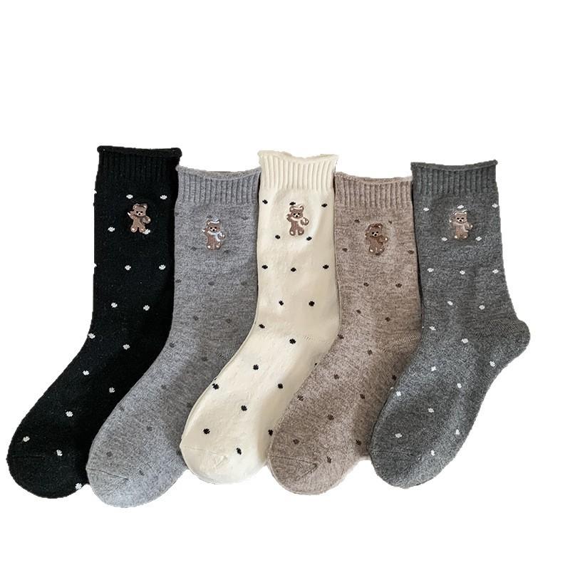 Socks Tide Cute Embroidered Bear Wool Warm Medium Tube Socks Stacking Socks