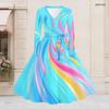 Women Plus Size V Neck Long Sleeve Printed Cyan A Line Dress With Tie Waist