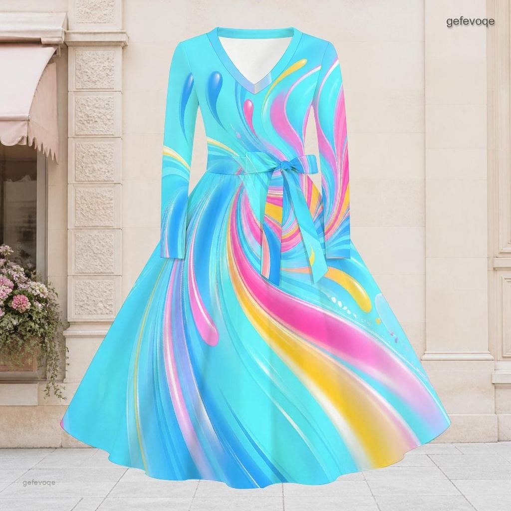 Women Plus Size V Neck Long Sleeve Printed Cyan A Line Dress With Tie Waist