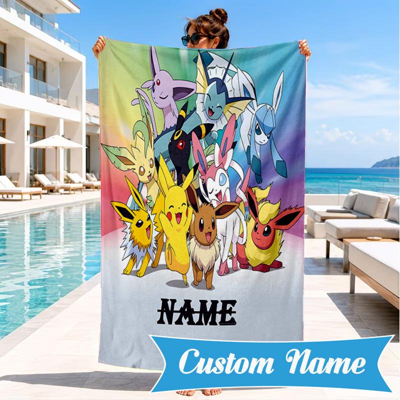 Custom Name Beach Towel Eevee Evolution Microfiber Beach Towel Super Soft & Absorbent for Bath, Beach, Travel  Bath Time Accessory, Fan Gifts