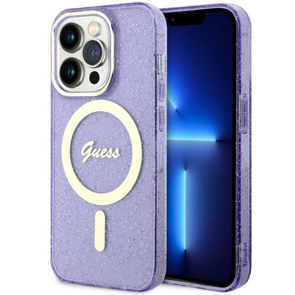 Etui do iPhone 14 Pro Guess Glitter Gold MagSafe Purpurowe