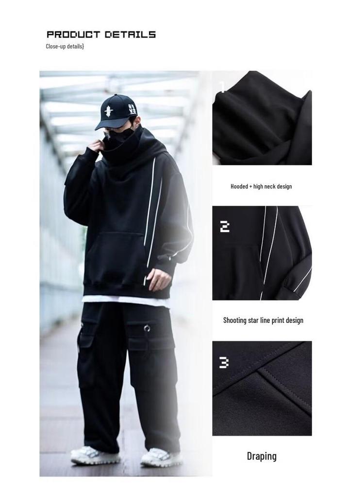 Unisex High-Neck Hooded Sweatshirt - Heavyweight, Casual, Loose-Fit Jacket for Spring, Autumn, Winter; Trendy Couples' Top for High Street Style
