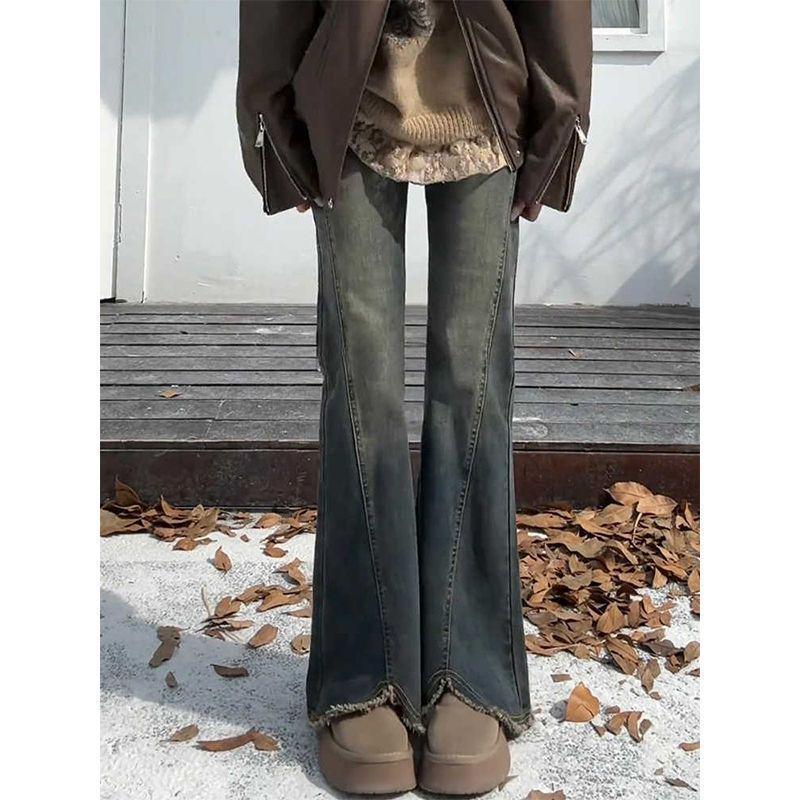 

Plus Size Women s Cement Gray High-Waisted Frayed Micro-Flare Jeans - Slimming, Elastic, Hip-Covering Bell Bottoms for Spring & Autumn 4XL