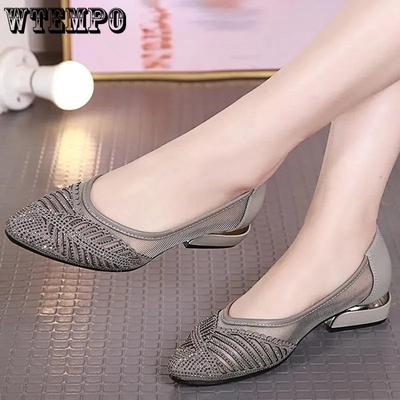 Damen Sommer Mesh Große Sandalen Aushöhlen Atmungsaktive Niedrige Absätze Spitze Damenschuhe Einfarbig Vielseitige Flache Loch Schuhe