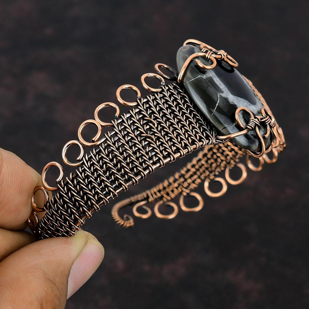 Brățară Bangle Fosilă Crăpătură Argilă Marocană Înfășurată cu Sârmă de Cupru Brățară Manșetă cu Piatră Prețioasă Bijuterii Handmade Brățară Ajustabilă Cadou pentru Mamă