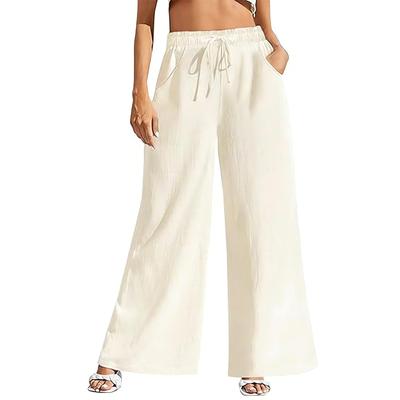 Pantalones casuales de pierna ancha con bolsillo y cordón de algodón y cáñamo de color liso para mujer