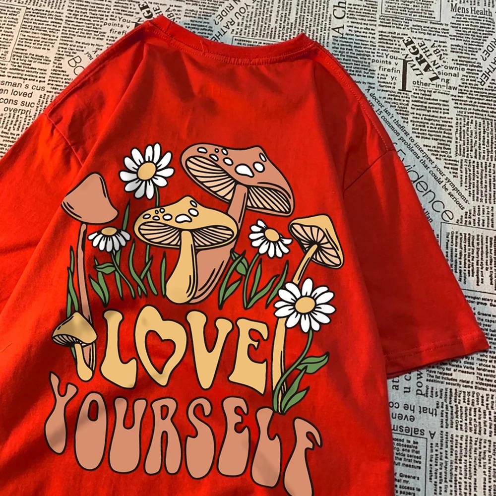 Cottagecore Style Mushroom Love Yourself Mens Tshirt Oversized T-Shirts Oversized Cotton T Shirts Breathable Women Short Sleeve