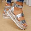 Large size platform beach sandals summer new wide strip hollow fish mouth fashion linen sole women's shoes