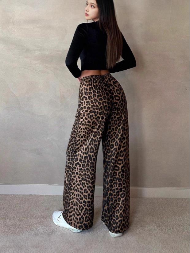 Leopard Print Elastic Waist Casual Loose Straight Pants for Spring and Autumn