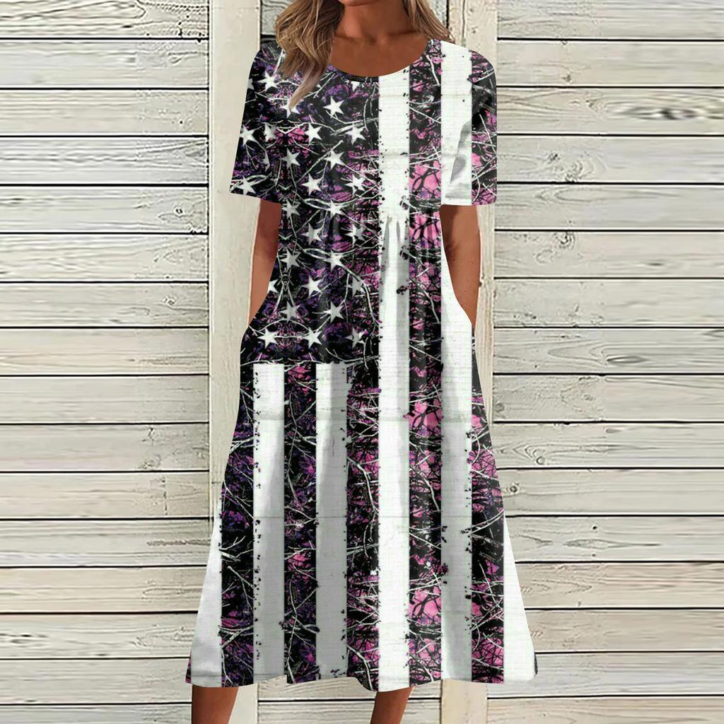 Damen Lässiges Midi-Kleid mit Sternenprint, Kurzarm, Lockerer Schnitt, Bequemes Sommerkleid mit Taschen