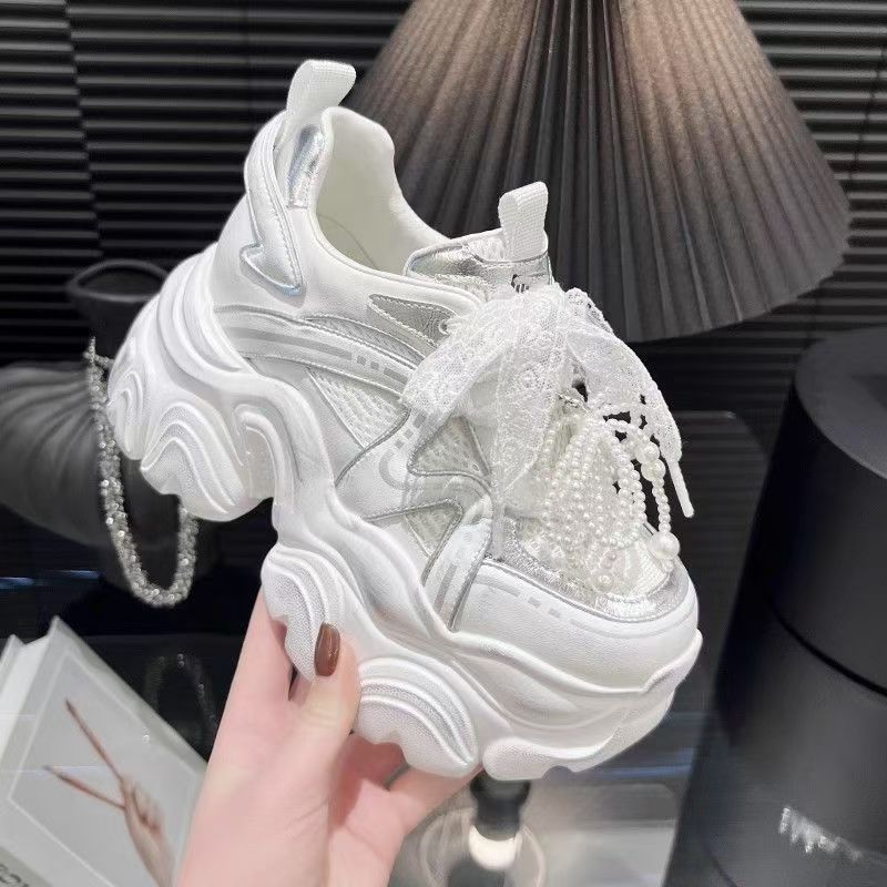 

Mesh breathable women s spring new bow casual shoes thick-soled inner height-increasing women s shoes 35 срібний