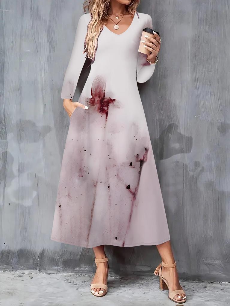 Rochie nouă de toamnă și iarnă 2025 pentru femei, casual, la modă, cu imprimeu geometric 3D, mâneci lungi, decolteu în V, rochii A-line