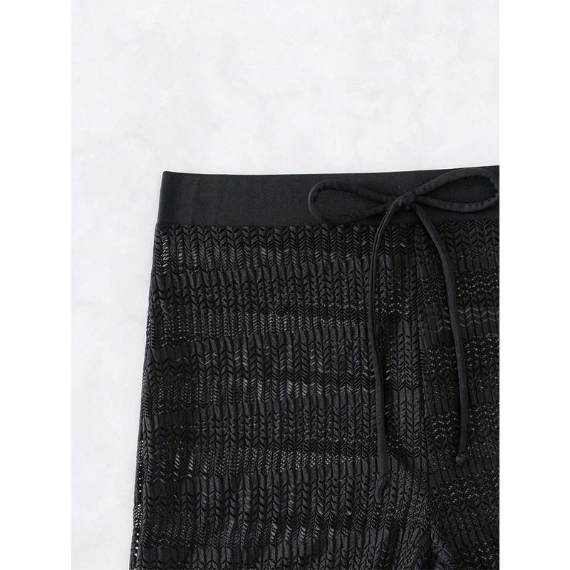 Women High Waist Knit Beach Shorts Black Sheer Mesh Hollow Out Swim Shorts with Drawstring