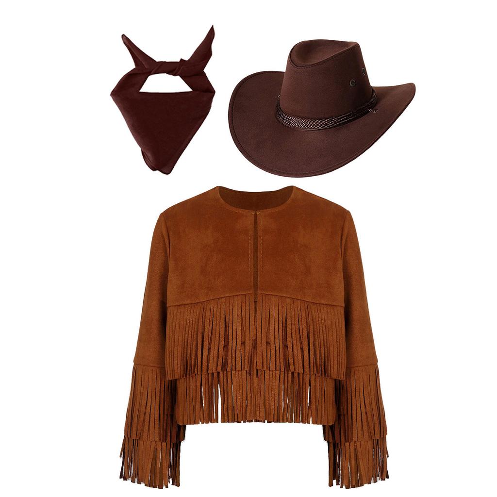 Unisex Kinder Cowboy Cowgirl Kostüm Set Fransenweste Langarm Zylinder Bandana Verkleidung