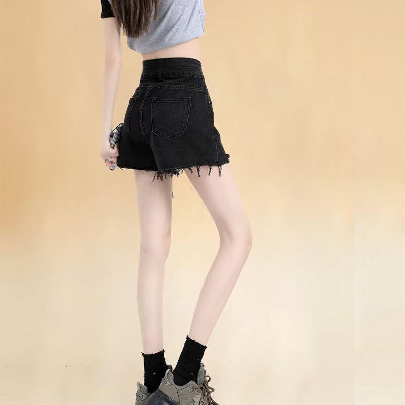 Black Rough-edged Denim Shorts for Women's Summer, New Double-buckle Design High-waisted Loose A-word Wide-leg Hot Pants