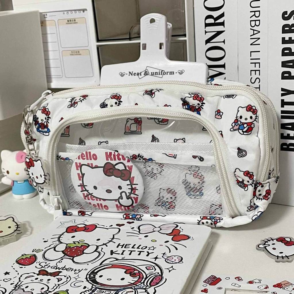 Trousse Hello Kitty en tissu grande capacité, idéale pour les étudiants et le bureau.