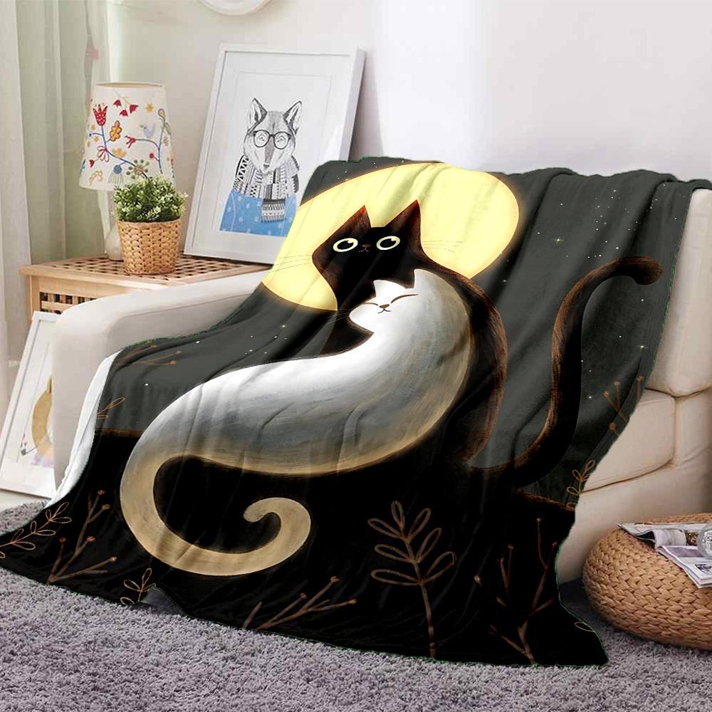 1pc Night Cats Print Blanket - Lightweight Flannel Blanket For Sofa, Bed, Living Room, Office, Outdoor Travel, Camping, Soft 050