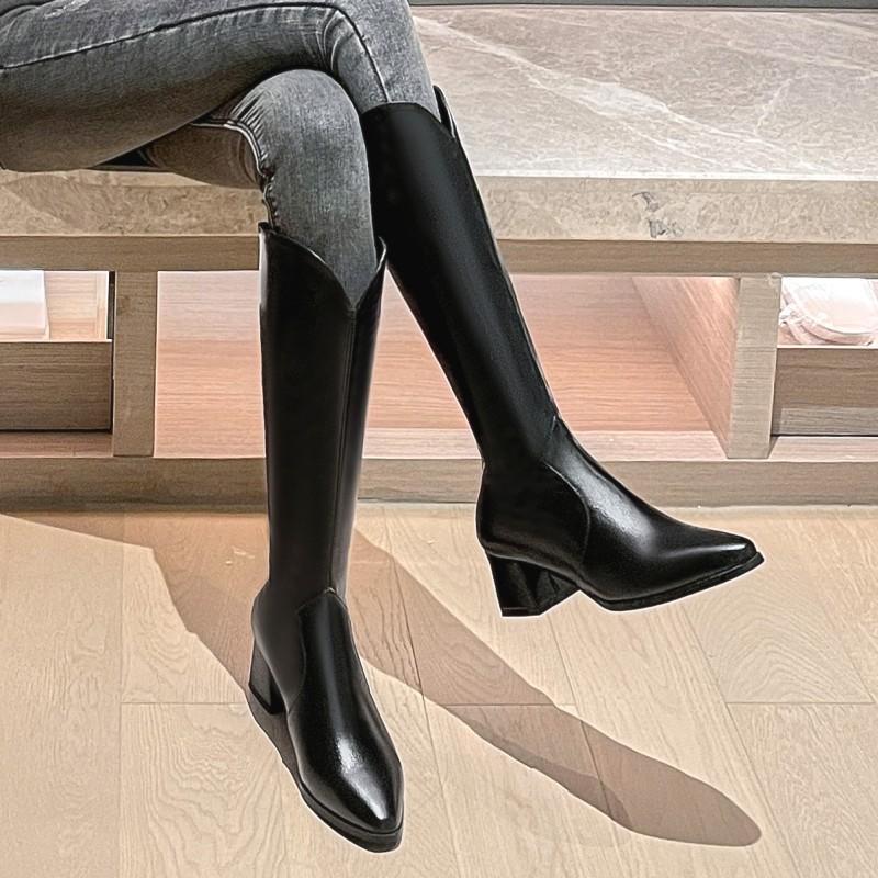 Women's High-heeled Boots Autumn and Winter Temperament Versatile Thick Heel Solid Color Large Size Medium Boots