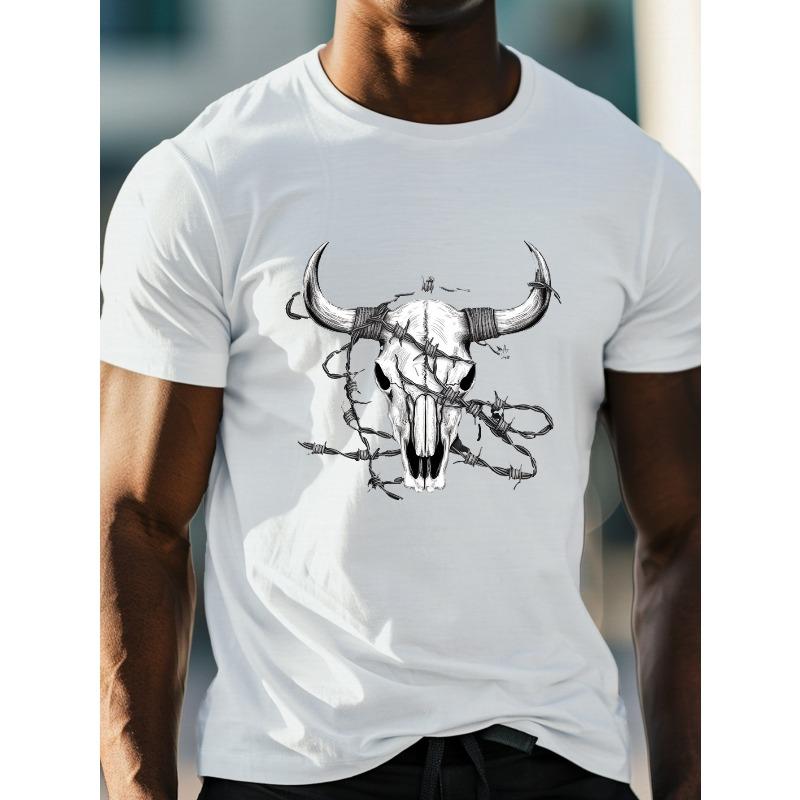 European sizes Men's Plus Size Bull Skull Graphic T-Shirt - Casual Crew Neck with Slight Stretch, Geometric Knit Fabric Tee