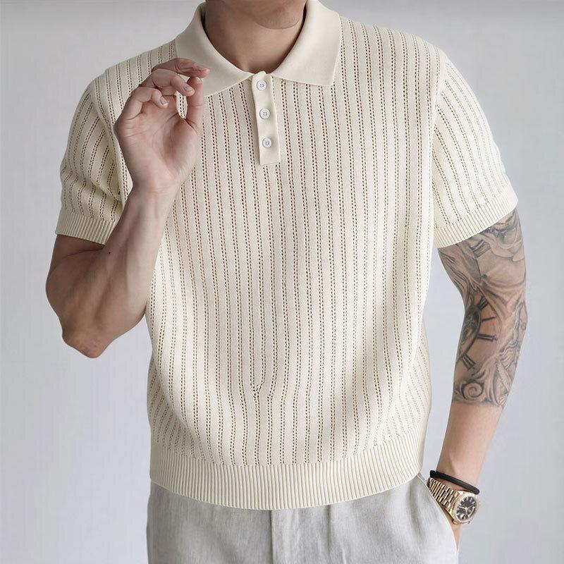 Mens Hollow Knit Short Sleeve Lapel Collar Casual Polo Shirt S